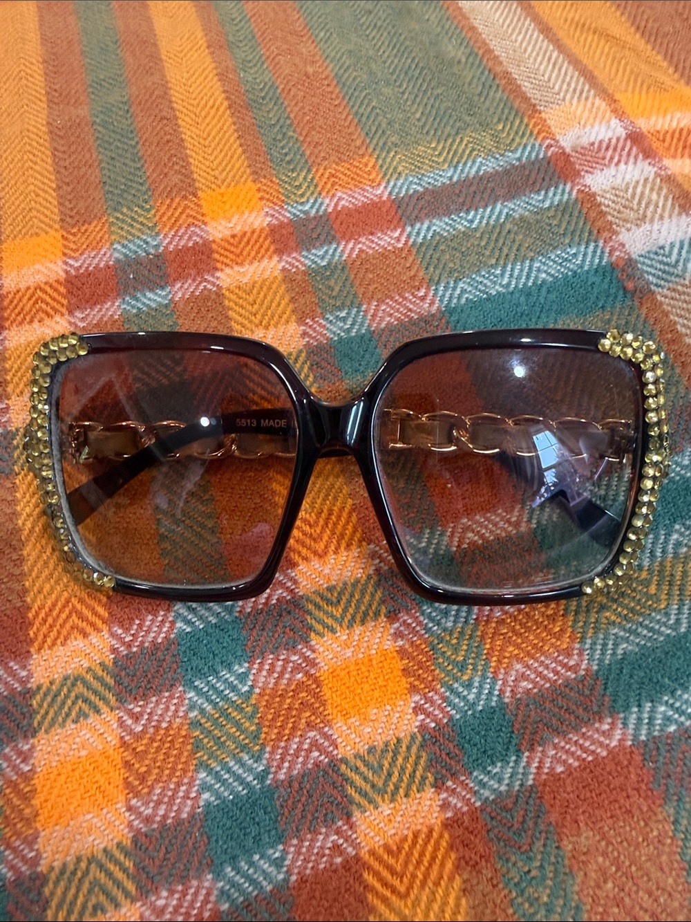Womenβs Oversized Square Sunglasses Rhinestone Chain Link Arms Brown